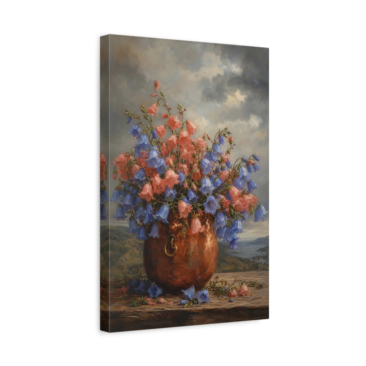 Side Mockup 4. Floral Bellflowers Pink And Blue Bellflowers shown as stretched canvas wall art