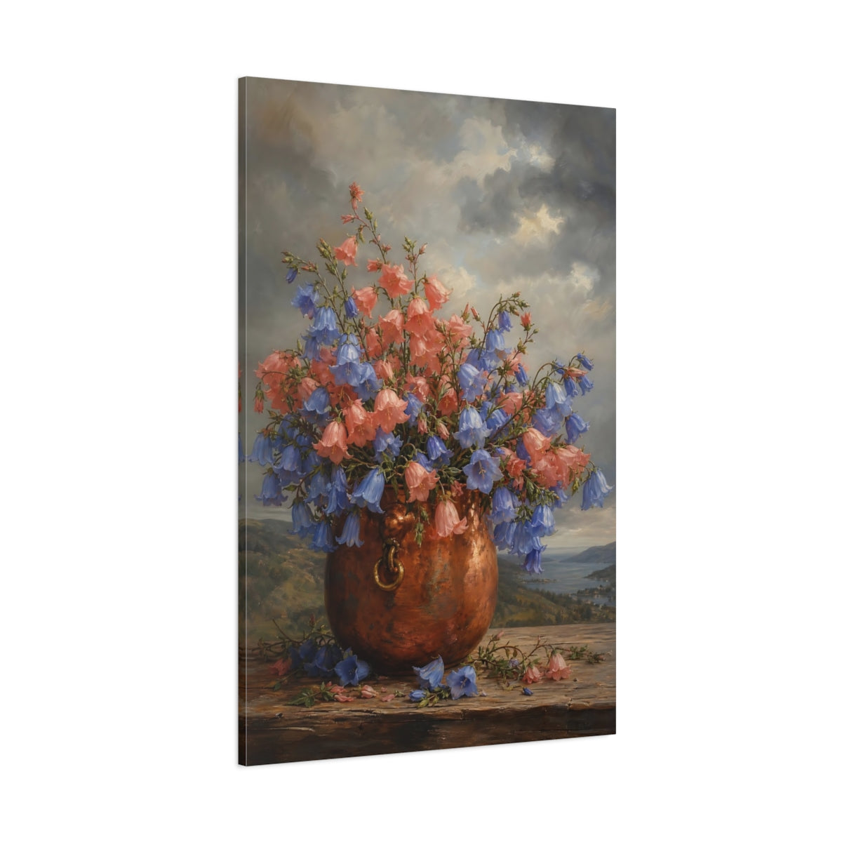 Side Mockup 1. Floral Bellflowers Pink And Blue Bellflowers shown as stretched canvas wall art