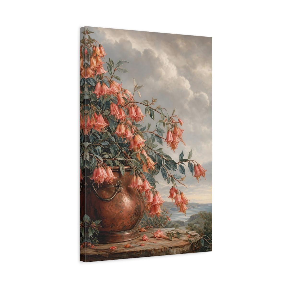 Side Mockup 3. Floral Bellflowers Pink And Copper Floral shown as stretched canvas wall art
