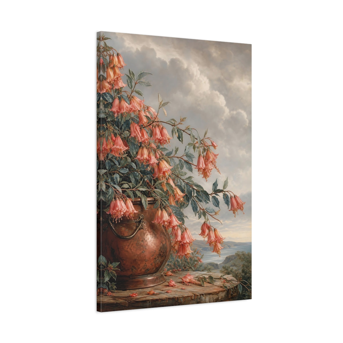 Main Mockup. Floral Bellflowers Pink And Copper Floral shown as stretched canvas wall art