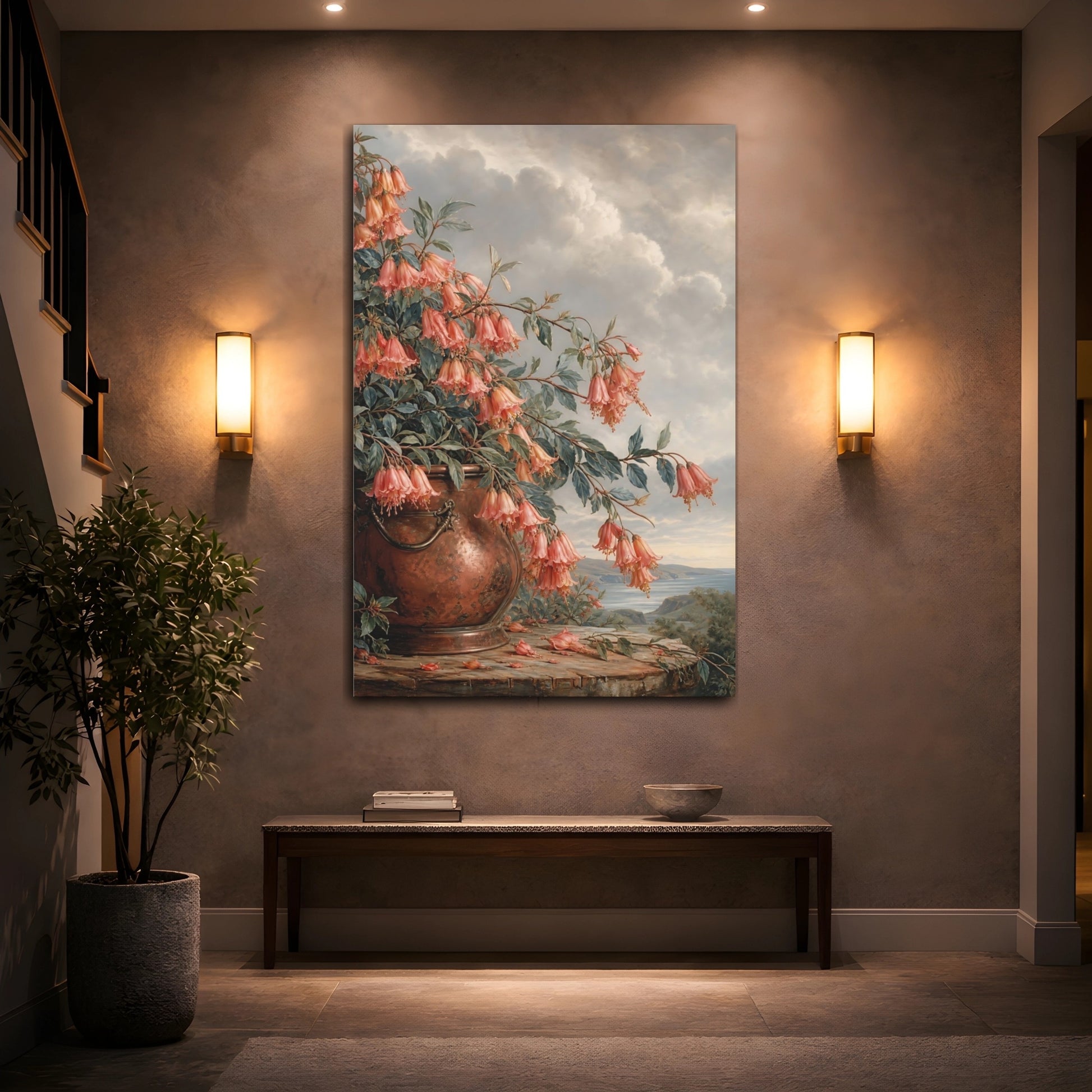 Mockup 2. Floral Bellflowers Pink And Copper Floral shown as stretched canvas wall art