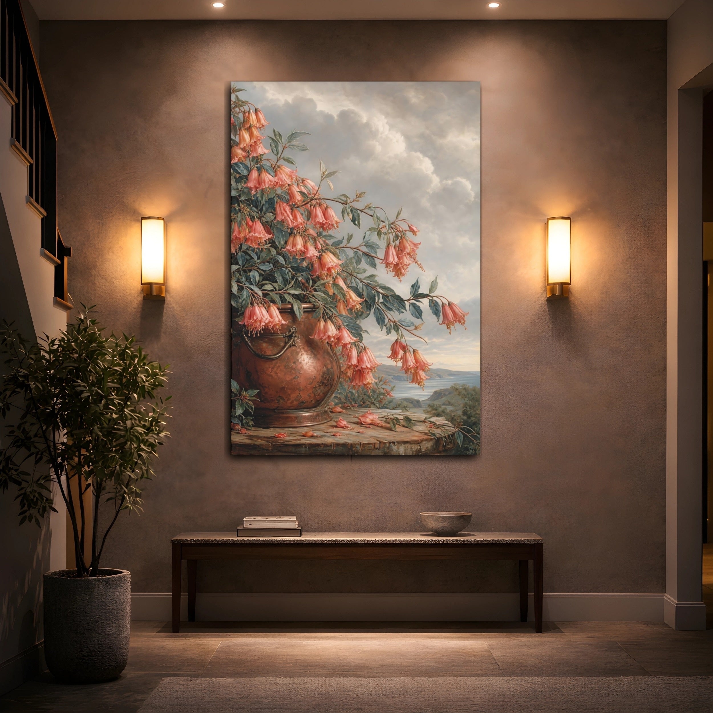 Mockup 2. Floral Bellflowers Pink And Copper Floral shown as stretched canvas wall art