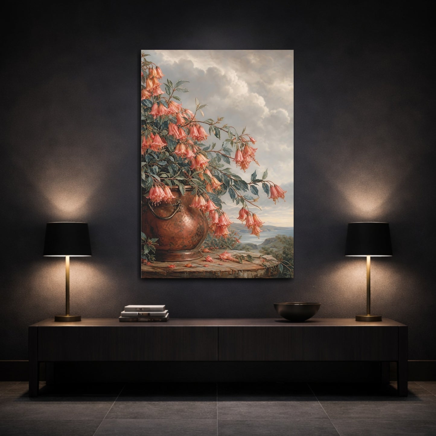 Mockup 3. Floral Bellflowers Pink And Copper Floral shown as stretched canvas wall art