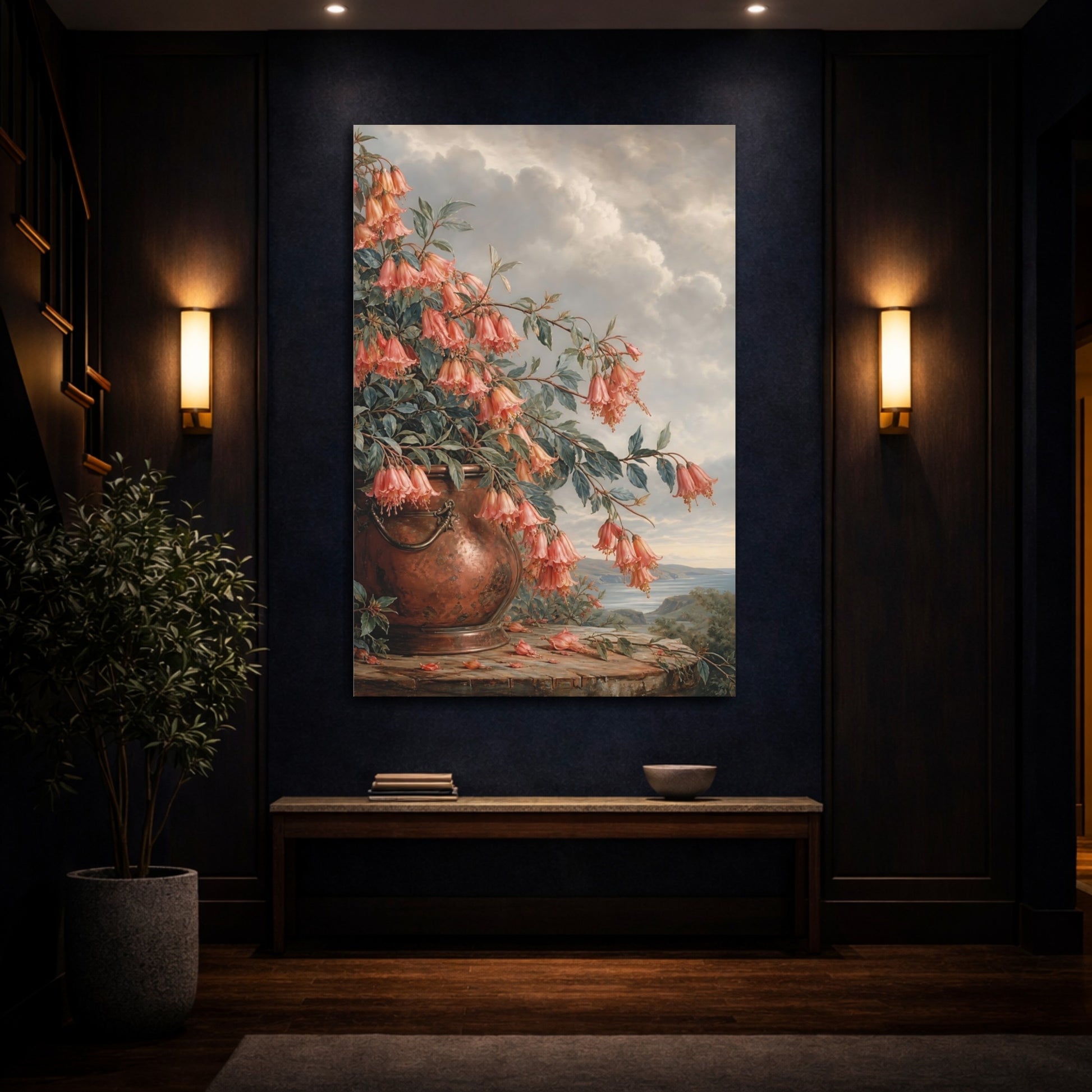 Mockup 4. Floral Bellflowers Pink And Copper Floral shown as stretched canvas wall art