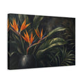 Side Mockup 4. Floral Bird Of Paradise Orange And Green Floral shown as stretched canvas wall art