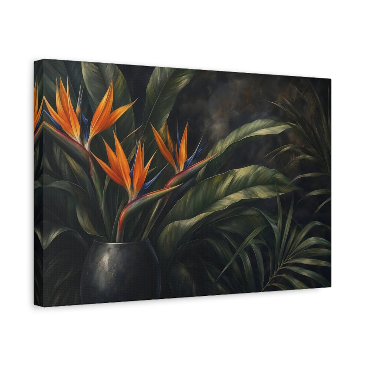 Side Mockup 4. Floral Bird Of Paradise Orange And Green Floral shown as stretched canvas wall art