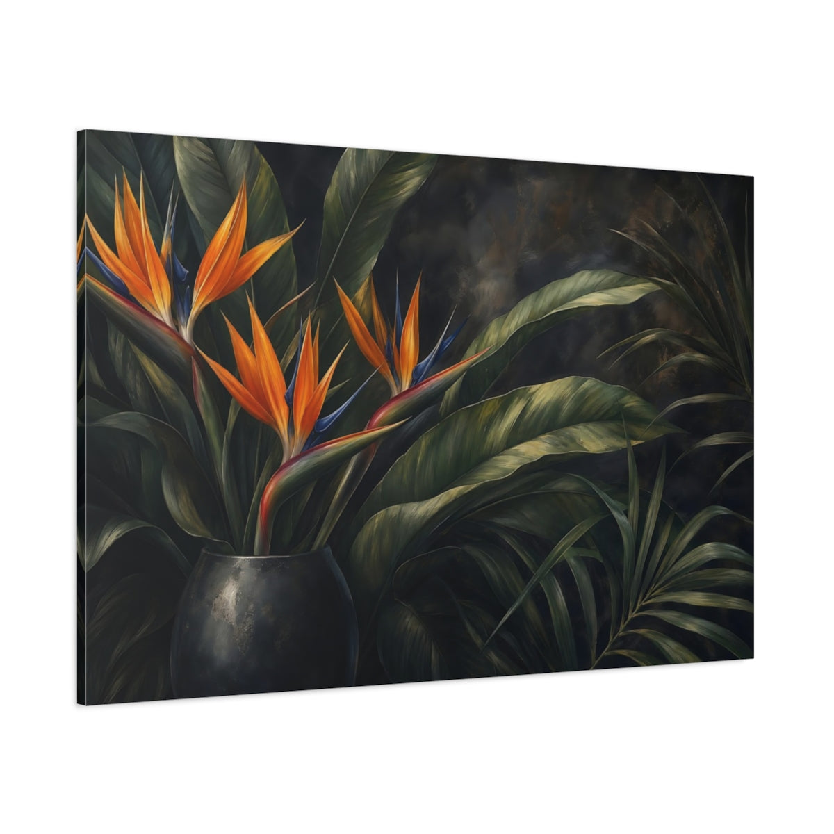 Side Mockup 1. Floral Bird Of Paradise Orange And Green Floral shown as stretched canvas wall art