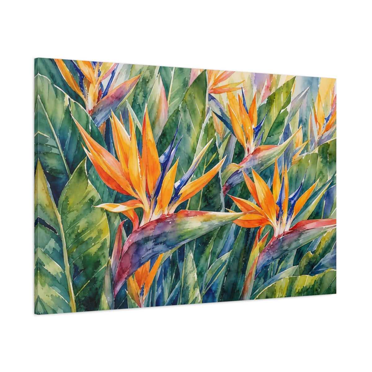 Side Mockup 1. Floral Bird Of Paradise Orange And Green shown as stretched canvas wall art