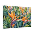 Side Mockup 4. Floral Bird Of Paradise Orange And Green shown as stretched canvas wall art