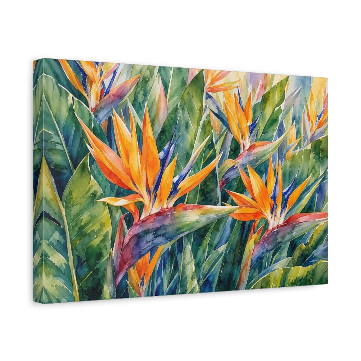 Side Mockup 4. Floral Bird Of Paradise Orange And Green shown as stretched canvas wall art