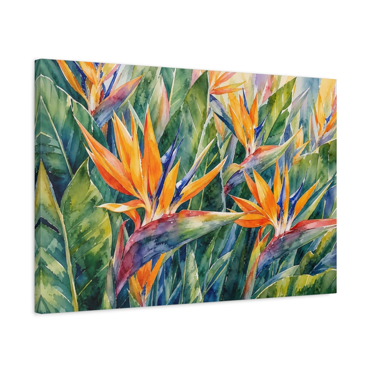 Side Mockup 2. Floral Bird Of Paradise Orange And Green shown as stretched canvas wall art