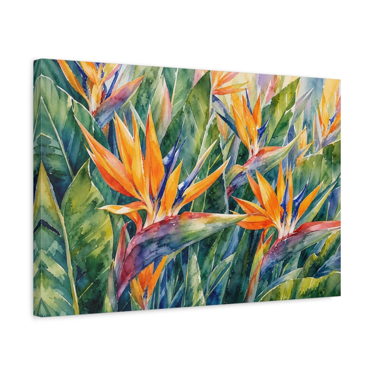 Side Mockup 3. Floral Bird Of Paradise Orange And Green shown as stretched canvas wall art