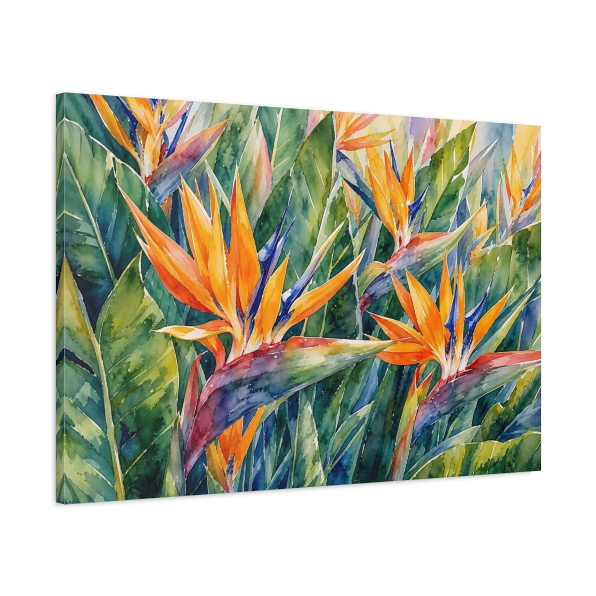 Main Mockup. Floral Bird Of Paradise Orange And Green shown as stretched canvas wall art