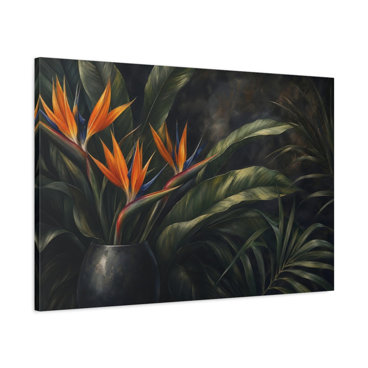 Main Mockup. Floral Bird Of Paradise Orange And Green Floral shown as stretched canvas wall art