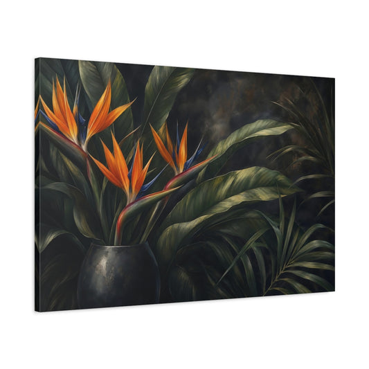 Main Mockup. Floral Bird Of Paradise Orange And Green Floral shown as stretched canvas wall art