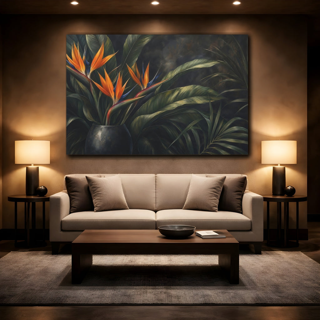 Mockup 2. Floral Bird Of Paradise Orange And Green Floral shown as stretched canvas wall art