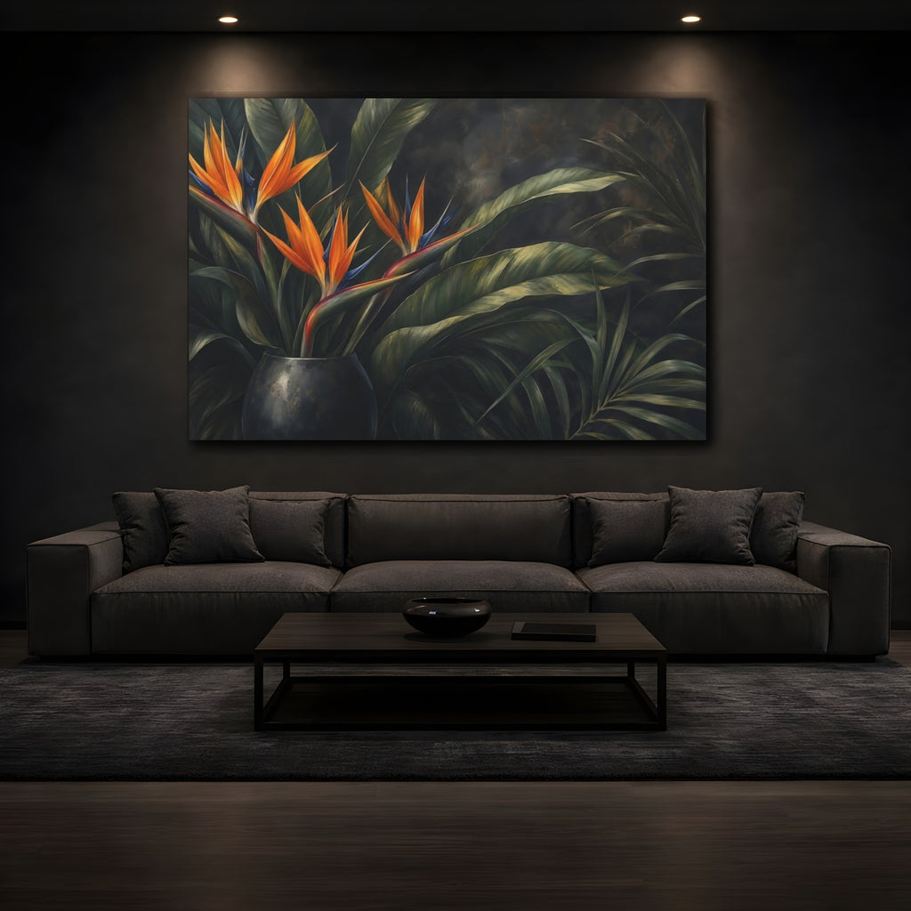 Mockup 3. Floral Bird Of Paradise Orange And Green Floral shown as stretched canvas wall art