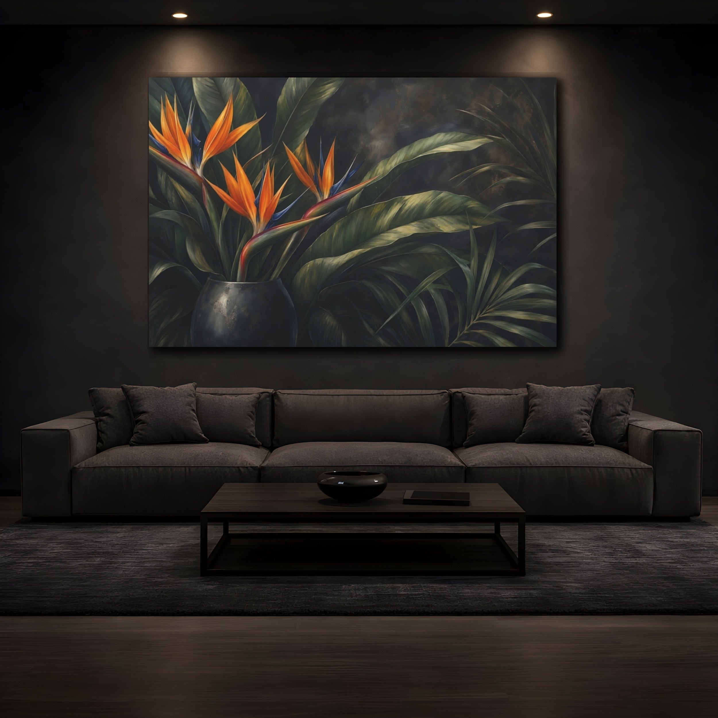 Mockup 3. Floral Bird Of Paradise Orange And Green Floral shown as stretched canvas wall art