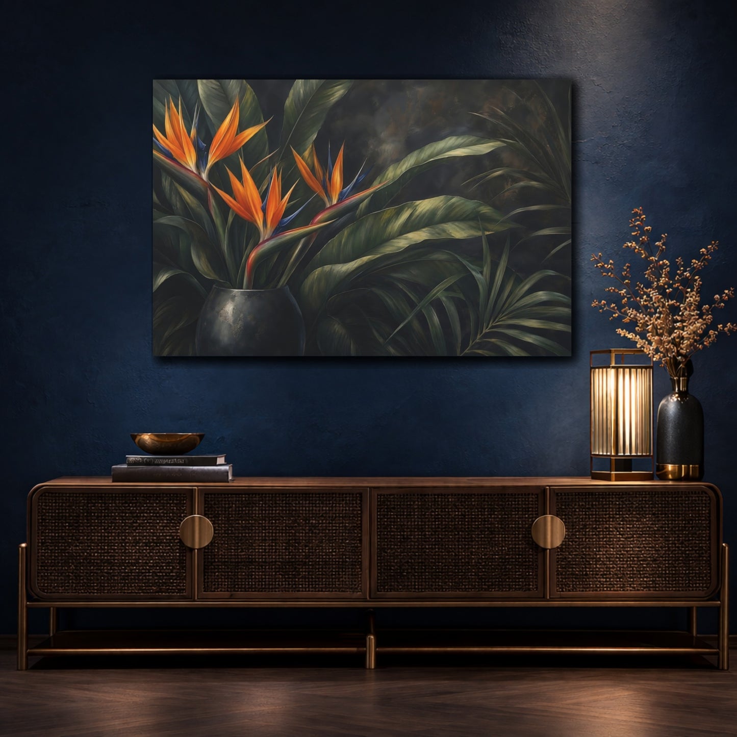 Mockup 4. Floral Bird Of Paradise Orange And Green Floral shown as stretched canvas wall art