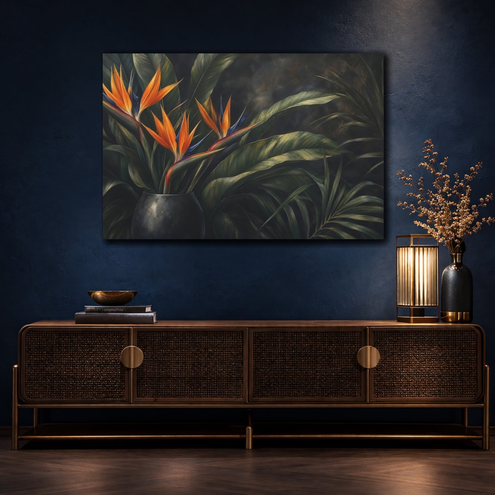 Mockup 4. Floral Bird Of Paradise Orange And Green Floral shown as stretched canvas wall art
