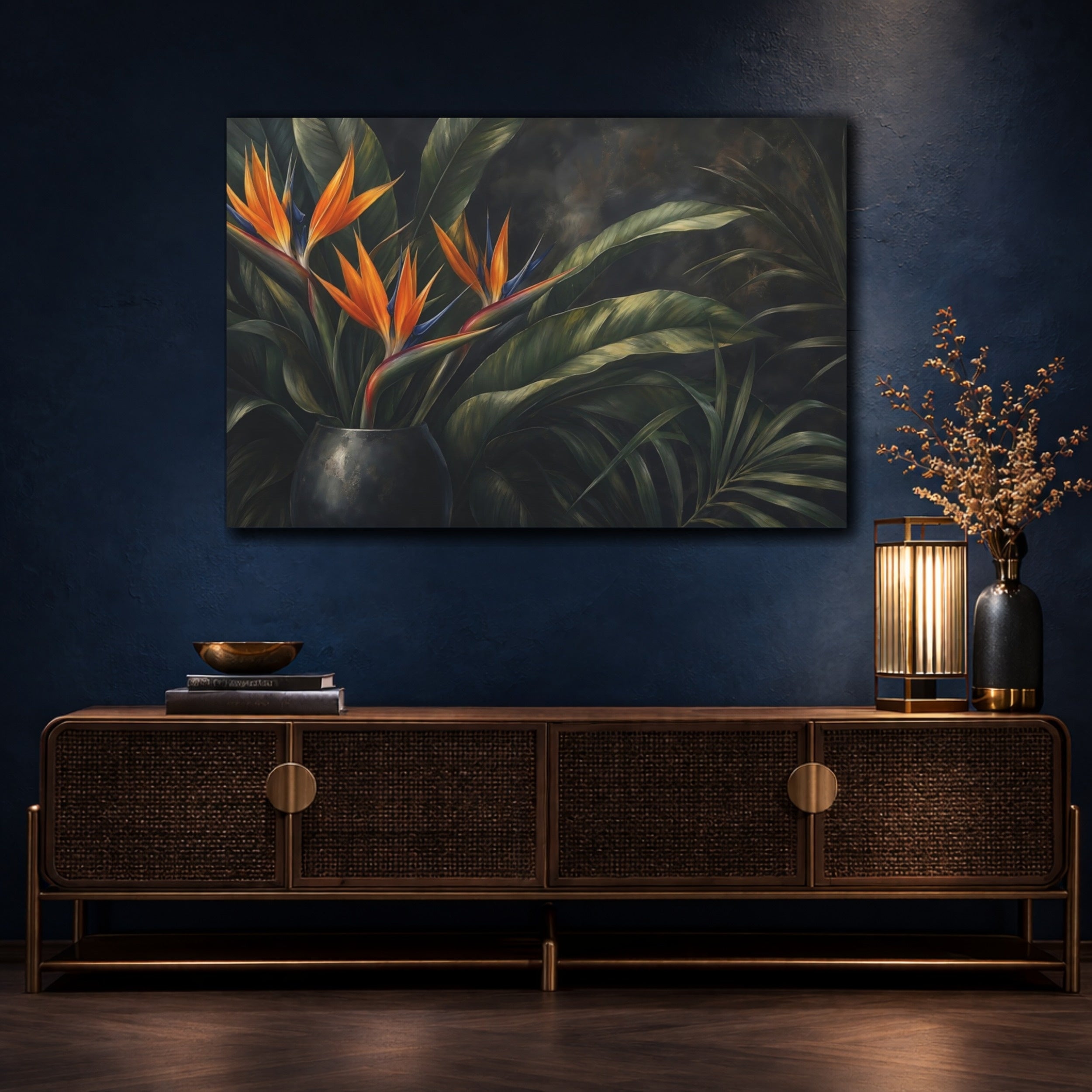 Mockup 4. Floral Bird Of Paradise Orange And Green Floral shown as stretched canvas wall art