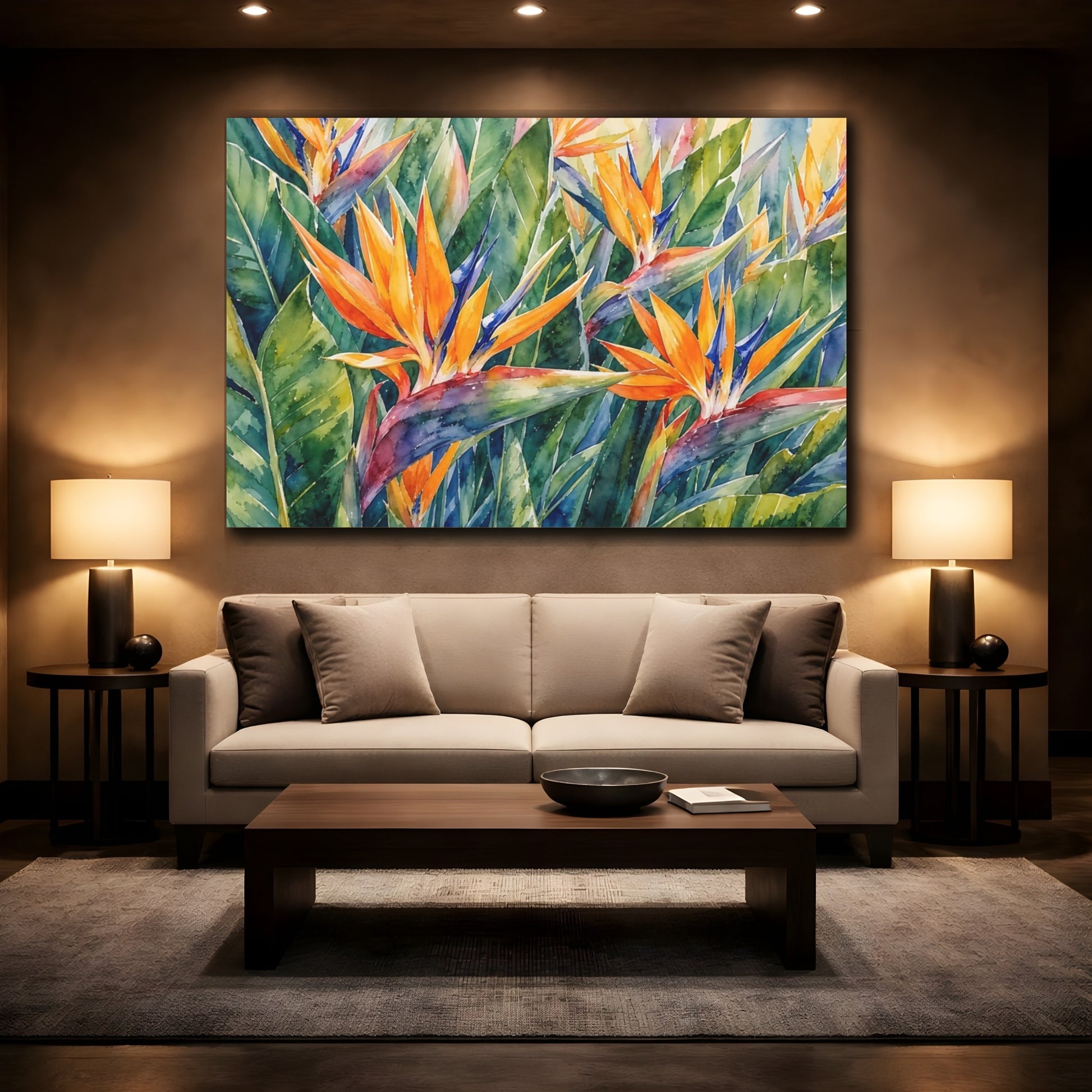 Mockup 2. Floral Bird Of Paradise Orange And Green shown as stretched canvas wall art