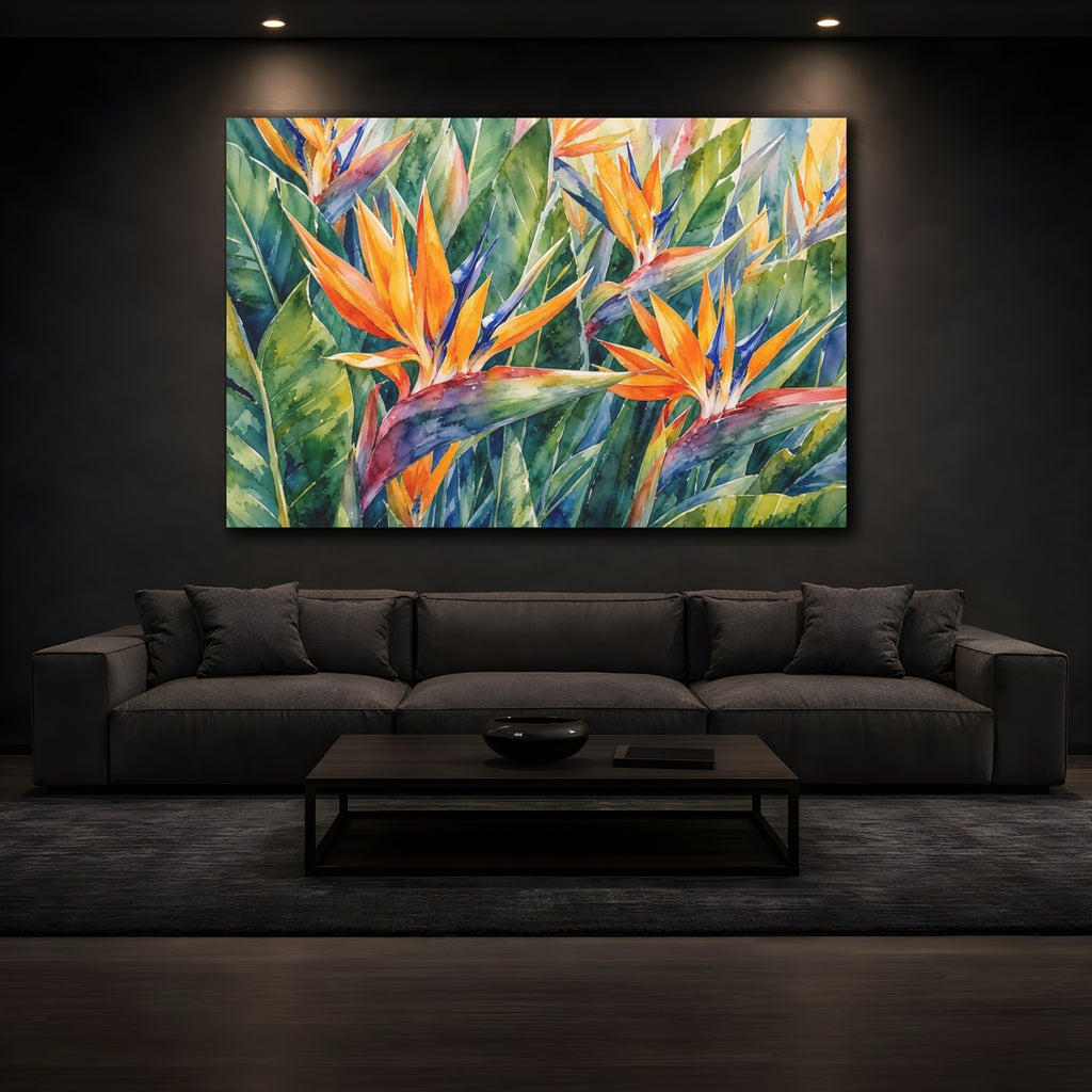 Mockup 3. Floral Bird Of Paradise Orange And Green shown as stretched canvas wall art