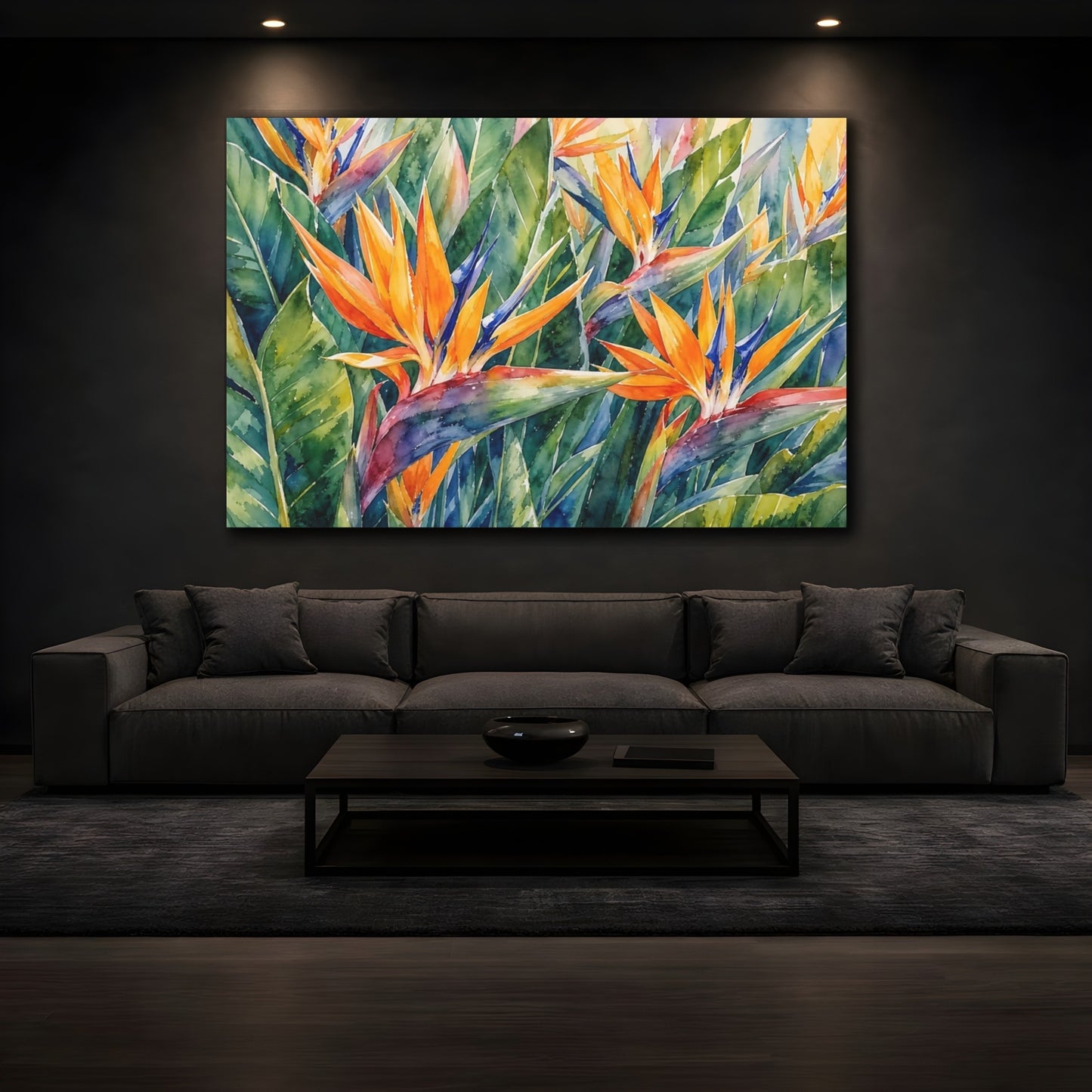 Mockup 3. Floral Bird Of Paradise Orange And Green shown as stretched canvas wall art