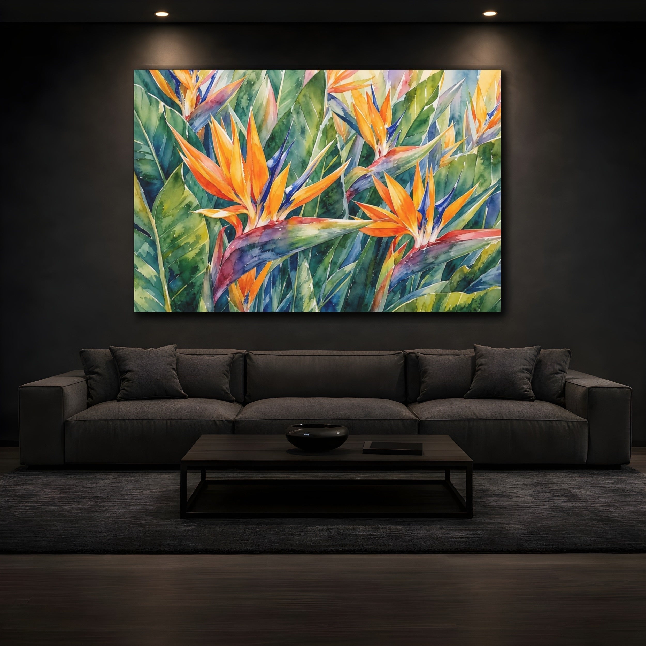 Mockup 3. Floral Bird Of Paradise Orange And Green shown as stretched canvas wall art
