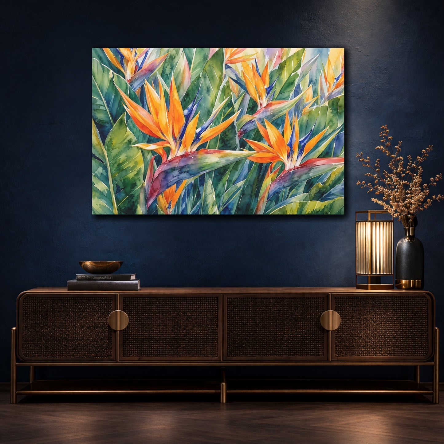 Mockup 4. Floral Bird Of Paradise Orange And Green shown as stretched canvas wall art