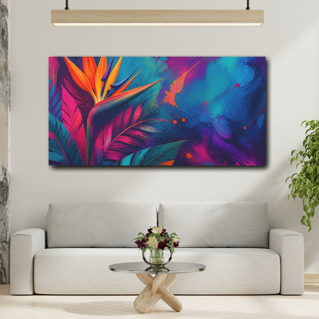 Mockup 2. Floral Bird Of Paradise Vibrant Bird Of Paradise shown as stretched canvas wall art