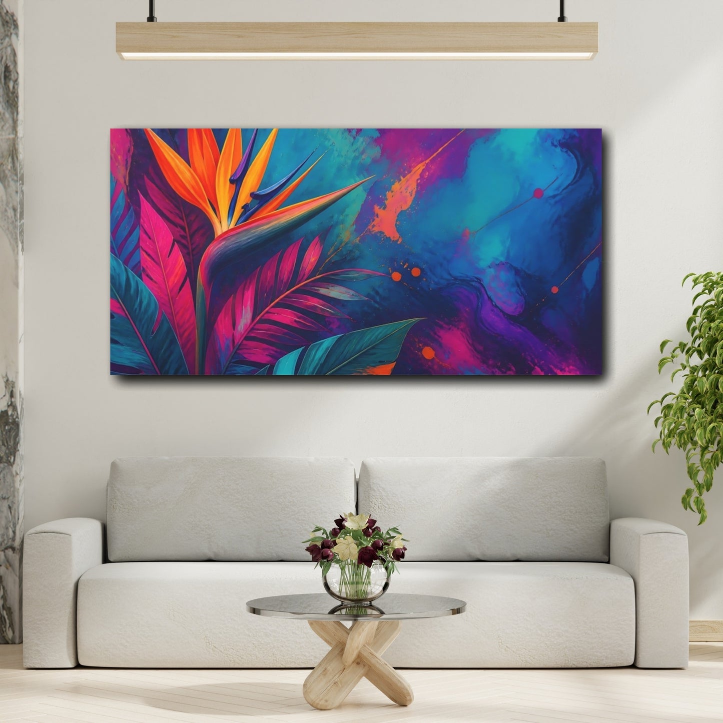Mockup 2. Floral Bird Of Paradise Vibrant Bird Of Paradise shown as stretched canvas wall art