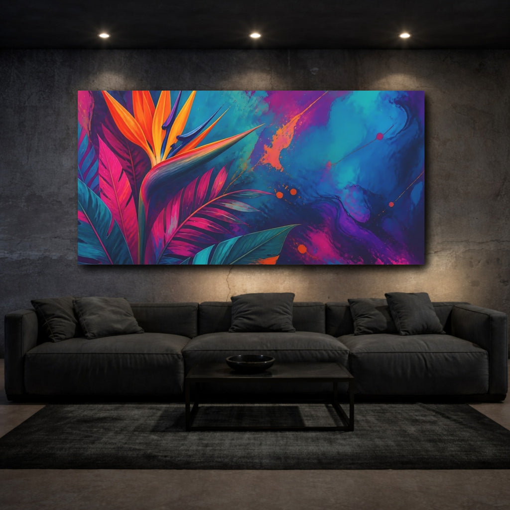 Mockup 3. Floral Bird Of Paradise Vibrant Bird Of Paradise shown as stretched canvas wall art