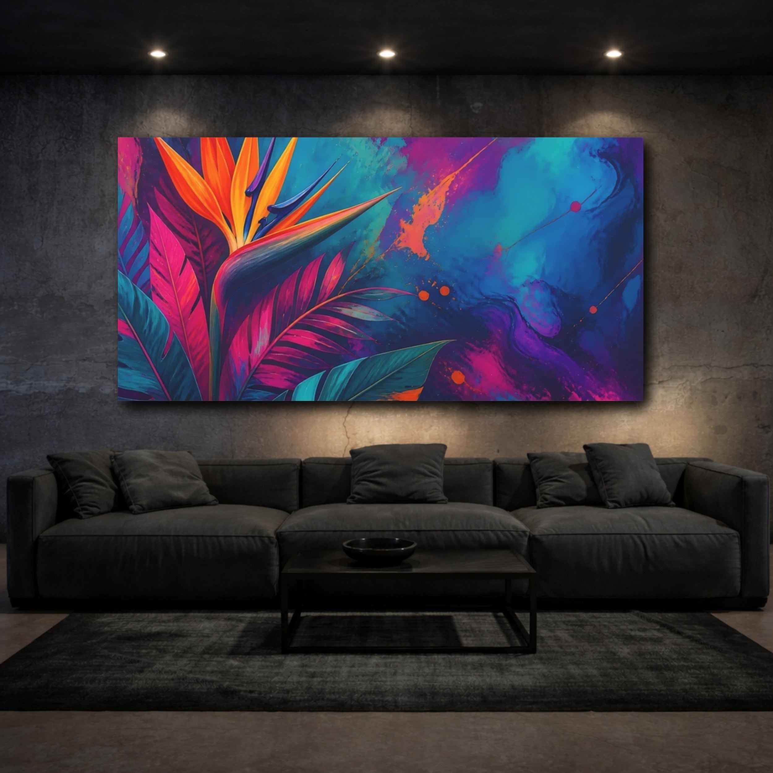 Mockup 3. Floral Bird Of Paradise Vibrant Bird Of Paradise shown as stretched canvas wall art