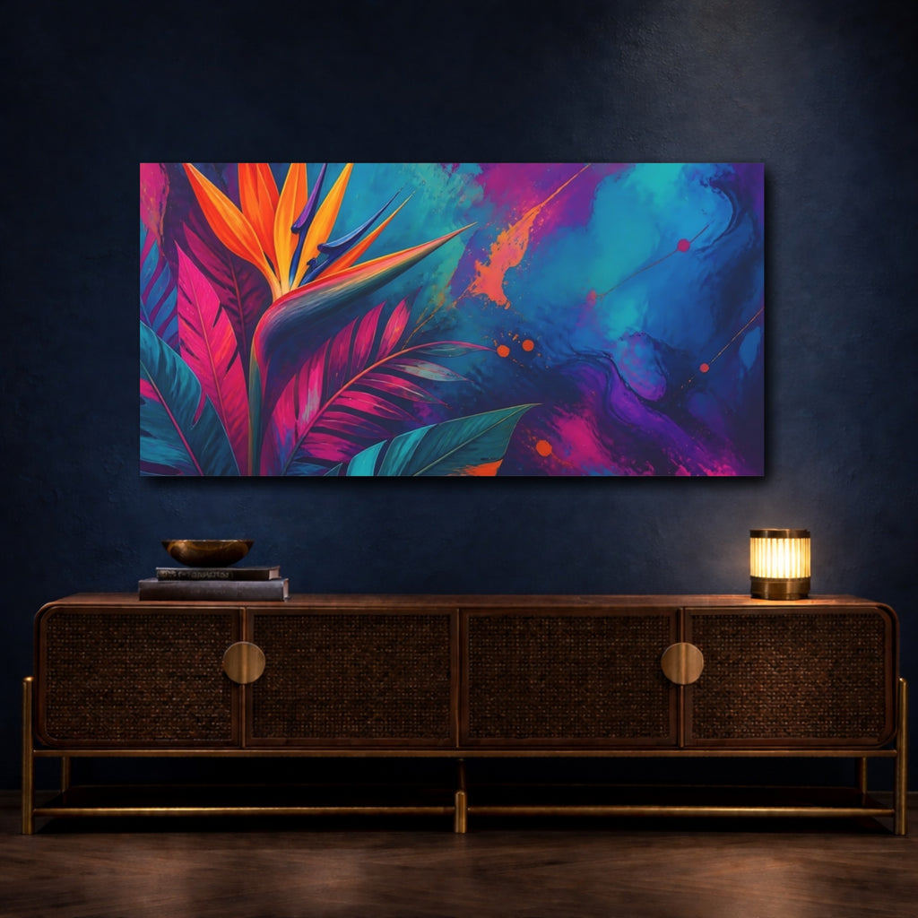 Mockup 4. Floral Bird Of Paradise Vibrant Bird Of Paradise shown as stretched canvas wall art