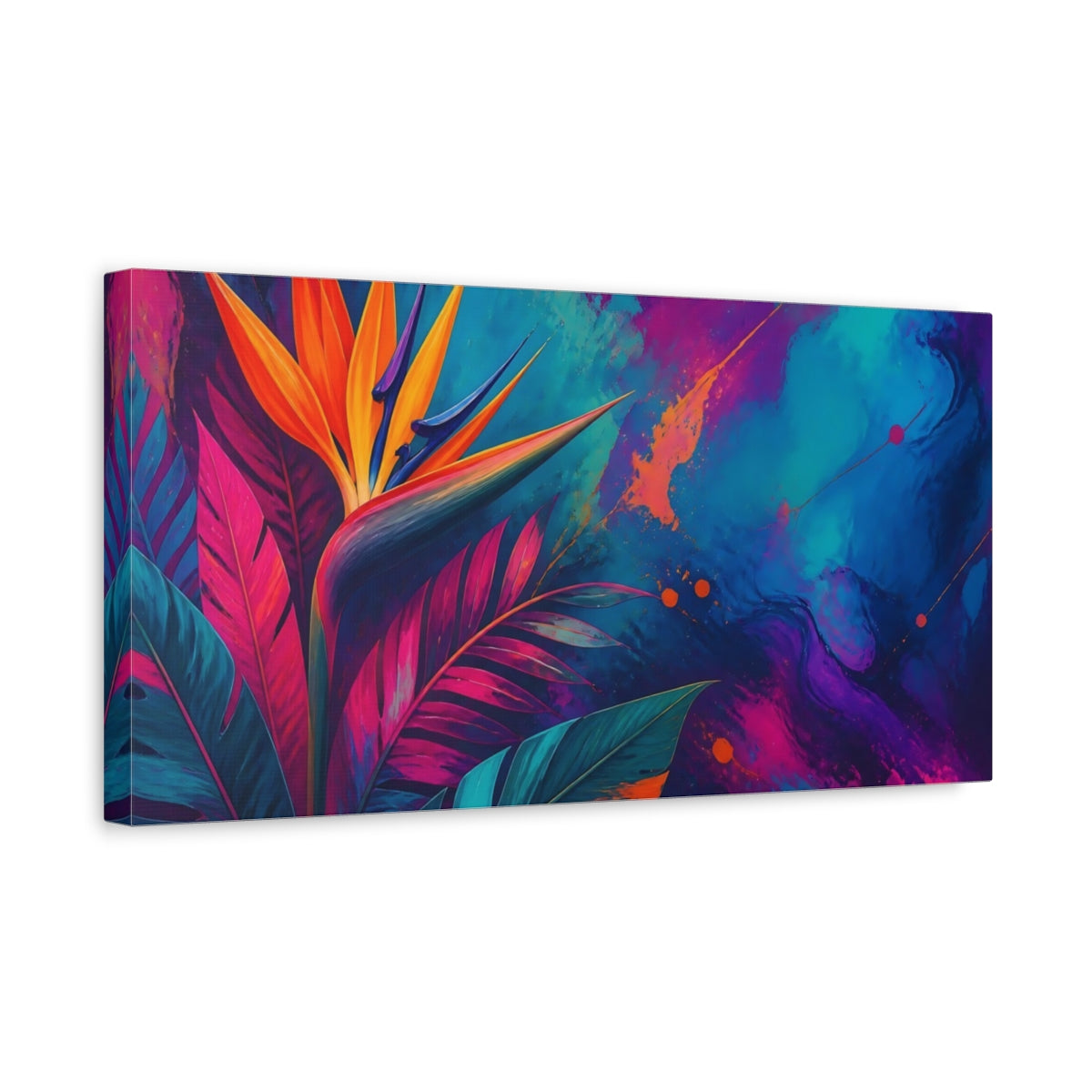 Side Mockup 3. Floral Bird Of Paradise Vibrant Bird Of Paradise shown as stretched canvas wall art
