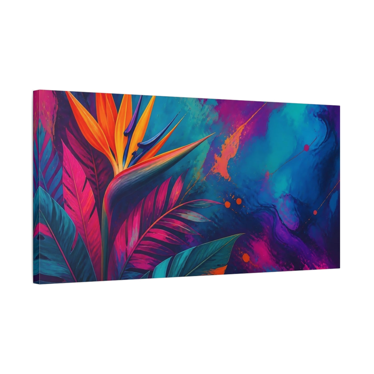 Side Mockup 1. Floral Bird Of Paradise Vibrant Bird Of Paradise shown as stretched canvas wall art