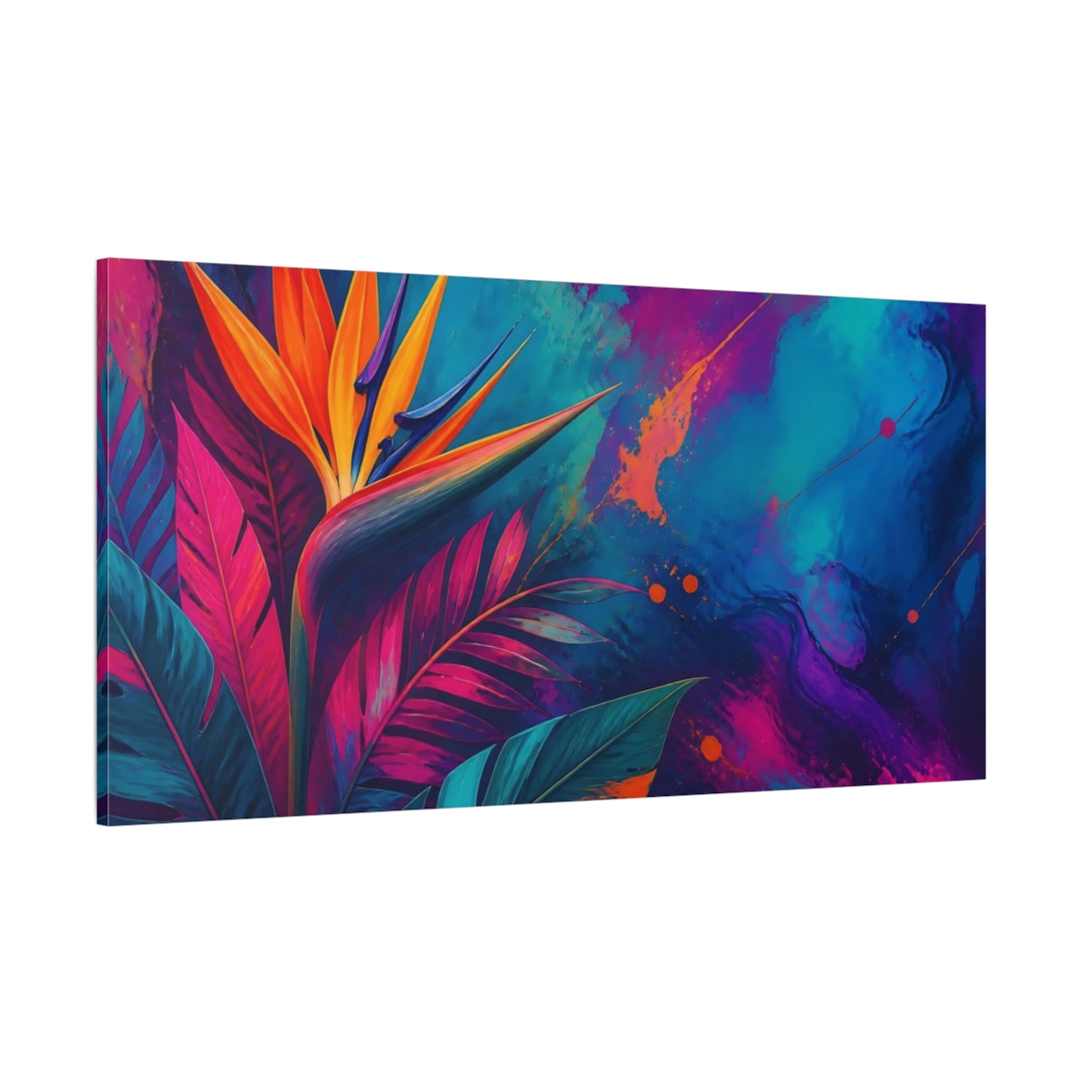 Side Mockup 2. Floral Bird Of Paradise Vibrant Bird Of Paradise shown as stretched canvas wall art