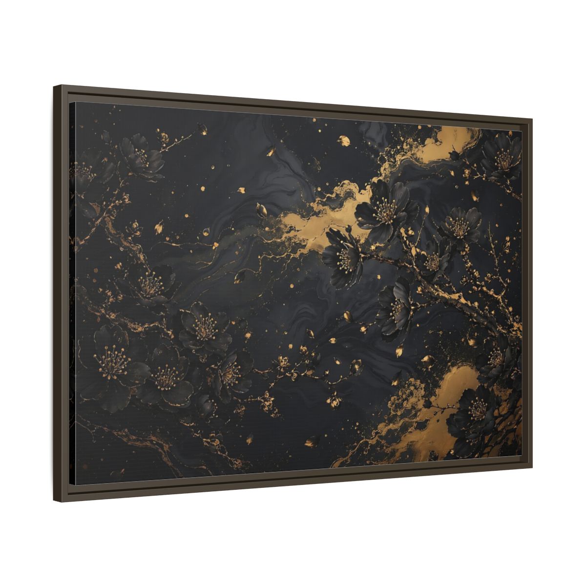 Main Mockup. Floral Black Blossoms Black Gold Floral shown as stretched canvas wall art