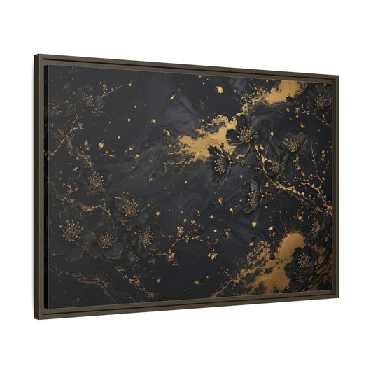 Main Mockup. Floral Black Blossoms Black Gold Floral shown as stretched canvas wall art