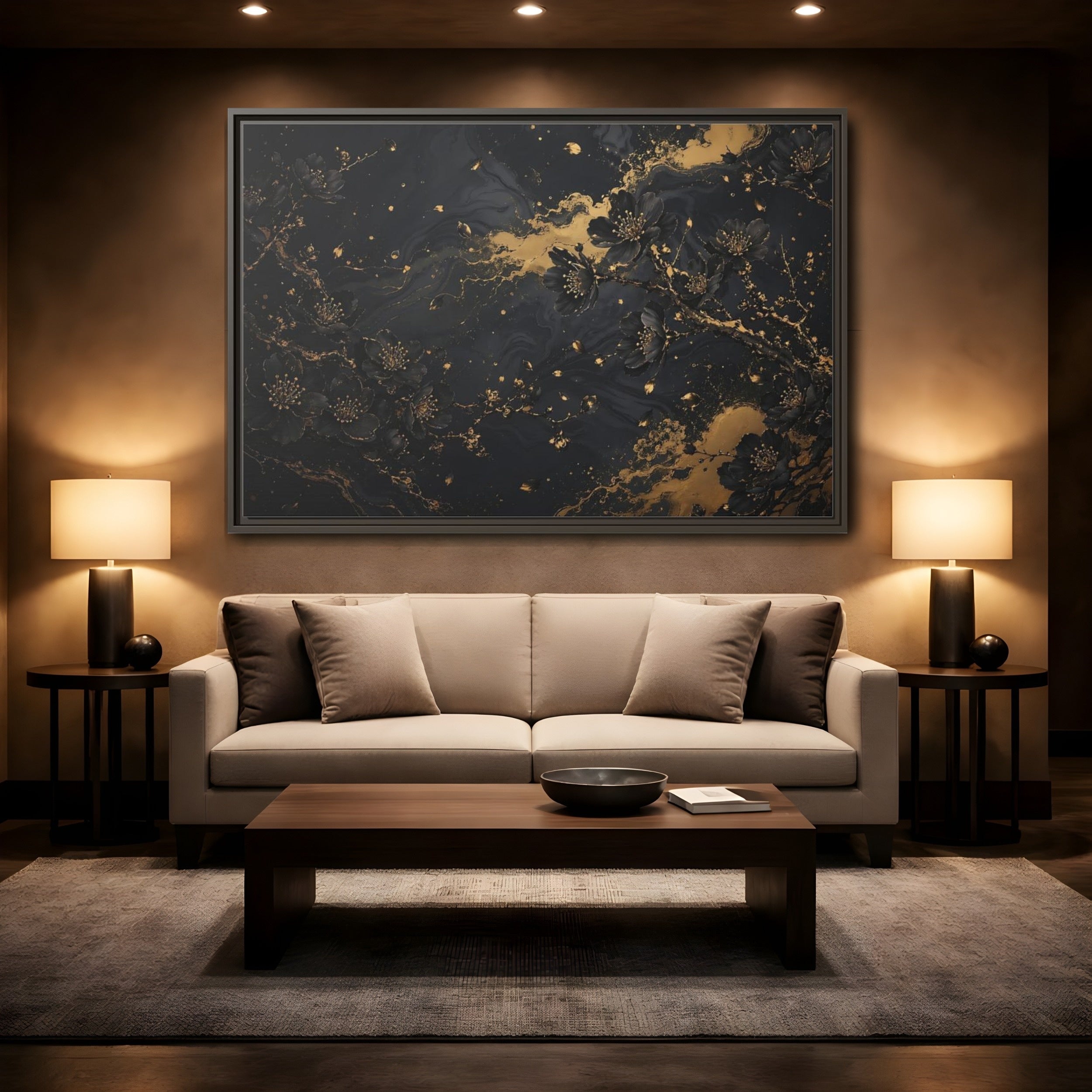 Mockup 2. Floral Black Blossoms Black Gold Floral shown as stretched canvas wall art