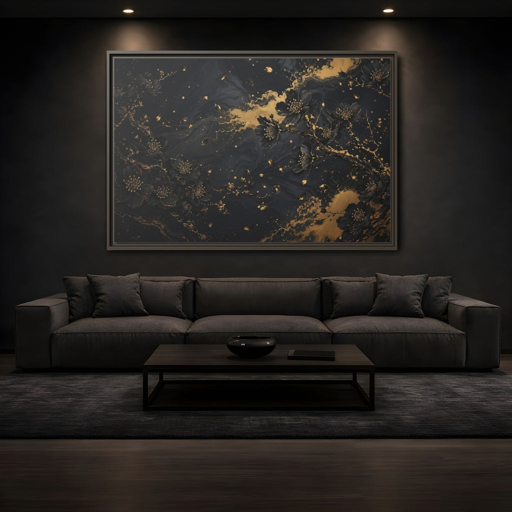 Mockup 3. Floral Black Blossoms Black Gold Floral shown as stretched canvas wall art