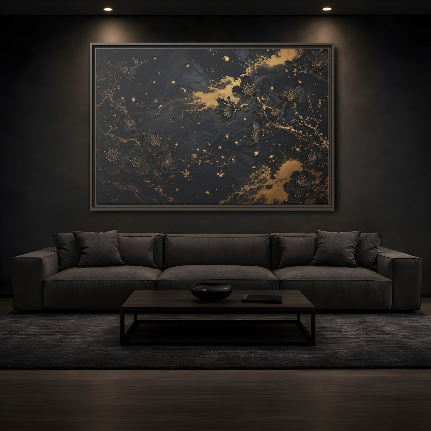 Mockup 3. Floral Black Blossoms Black Gold Floral shown as stretched canvas wall art