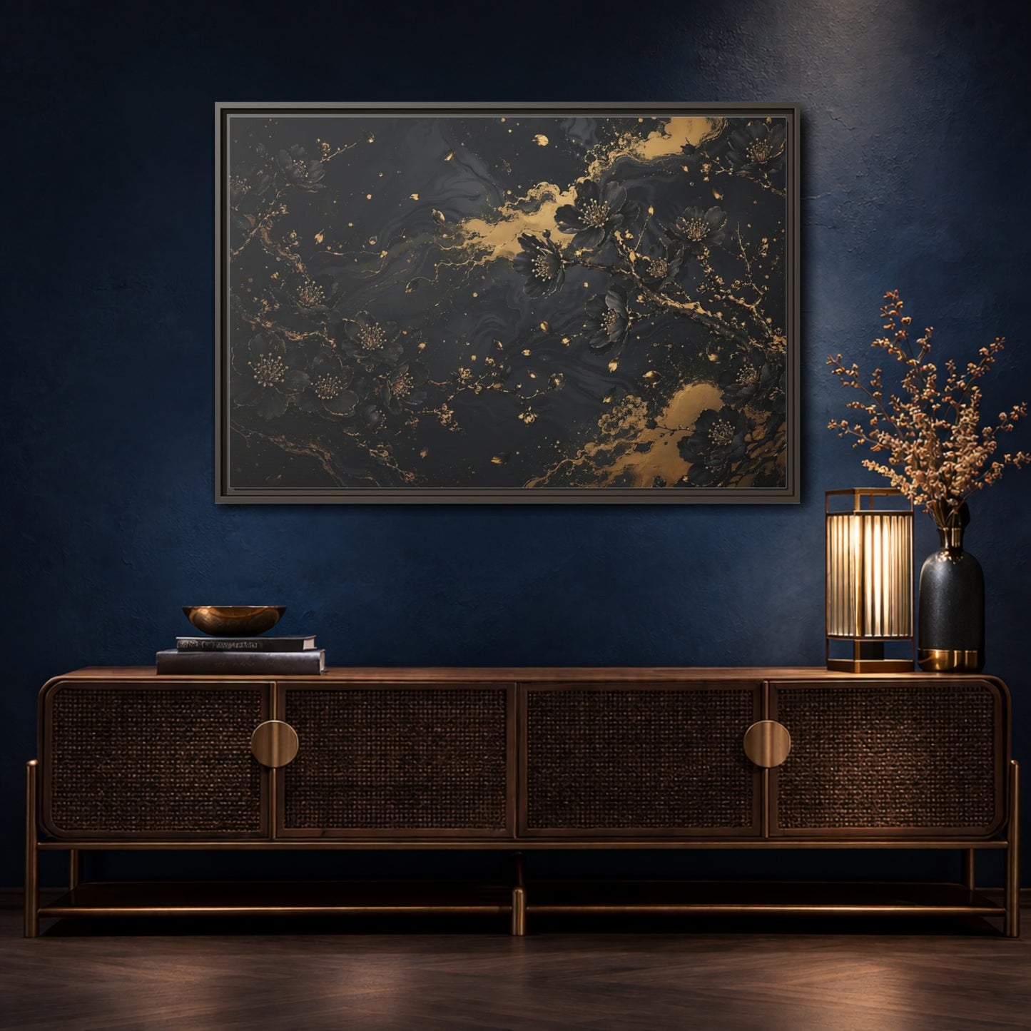 Mockup 4. Floral Black Blossoms Black Gold Floral shown as stretched canvas wall art