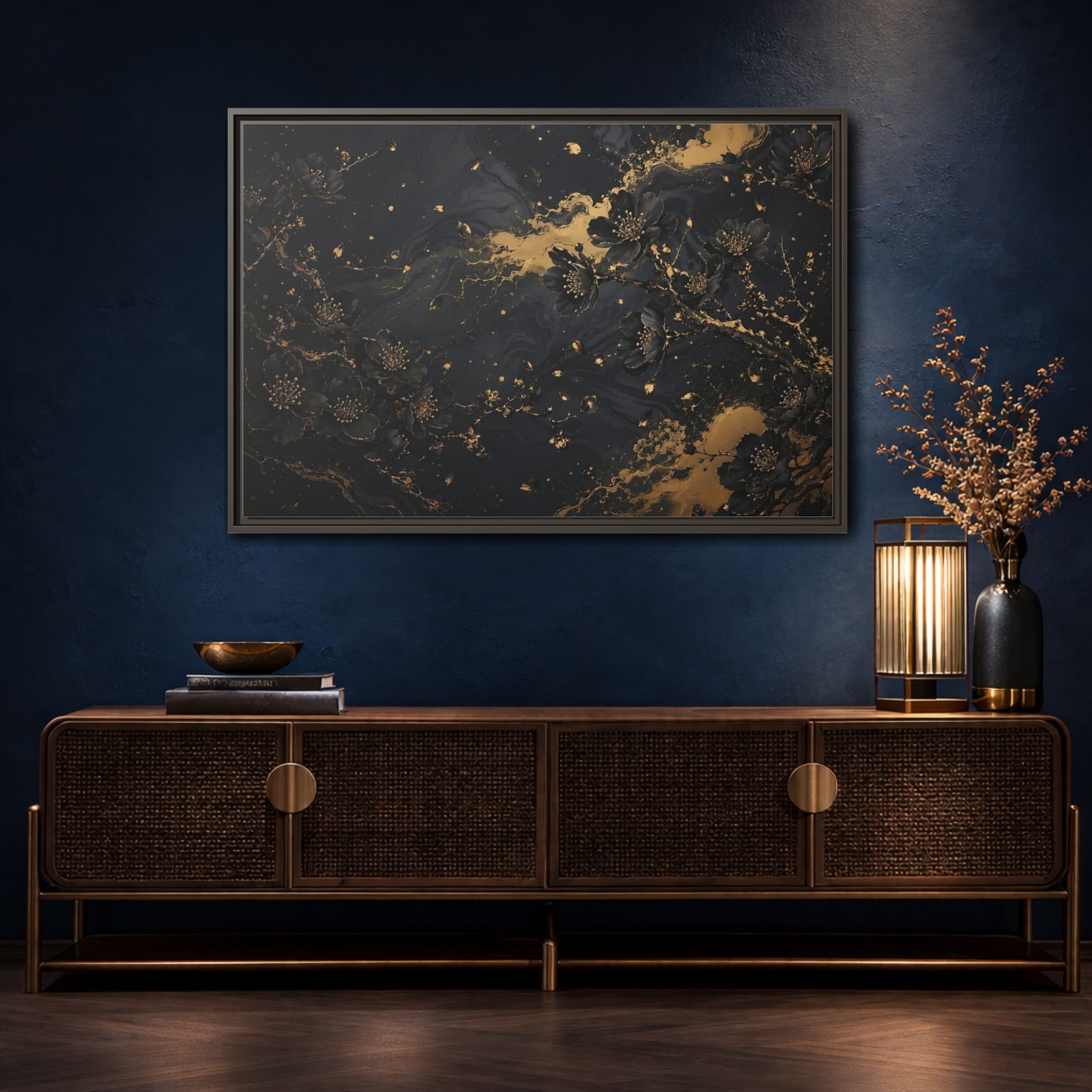 Mockup 4. Floral Black Blossoms Black Gold Floral shown as stretched canvas wall art
