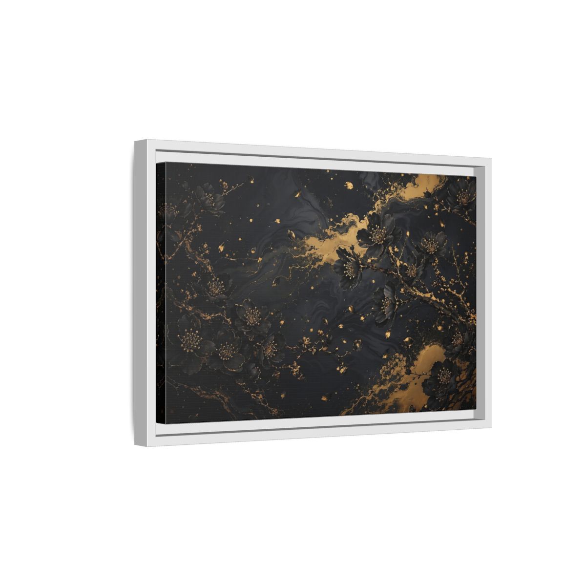 Side Mockup 4. Floral Black Blossoms Black Gold Floral shown as stretched canvas wall art