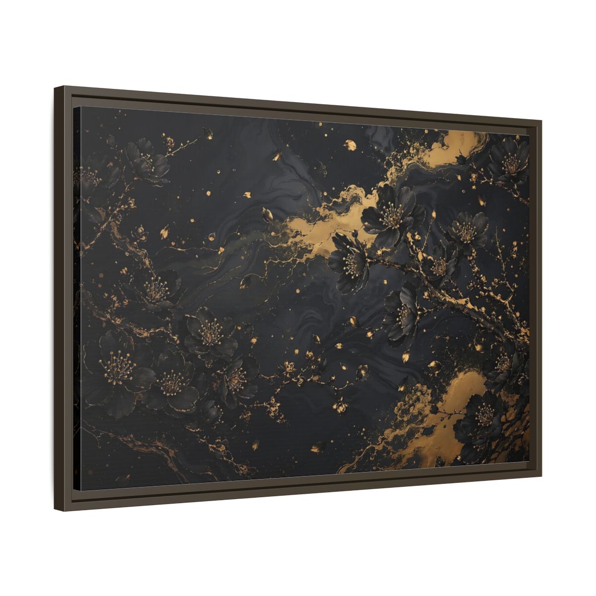 Side Mockup 11. Floral Black Blossoms Black Gold Floral shown as stretched canvas wall art