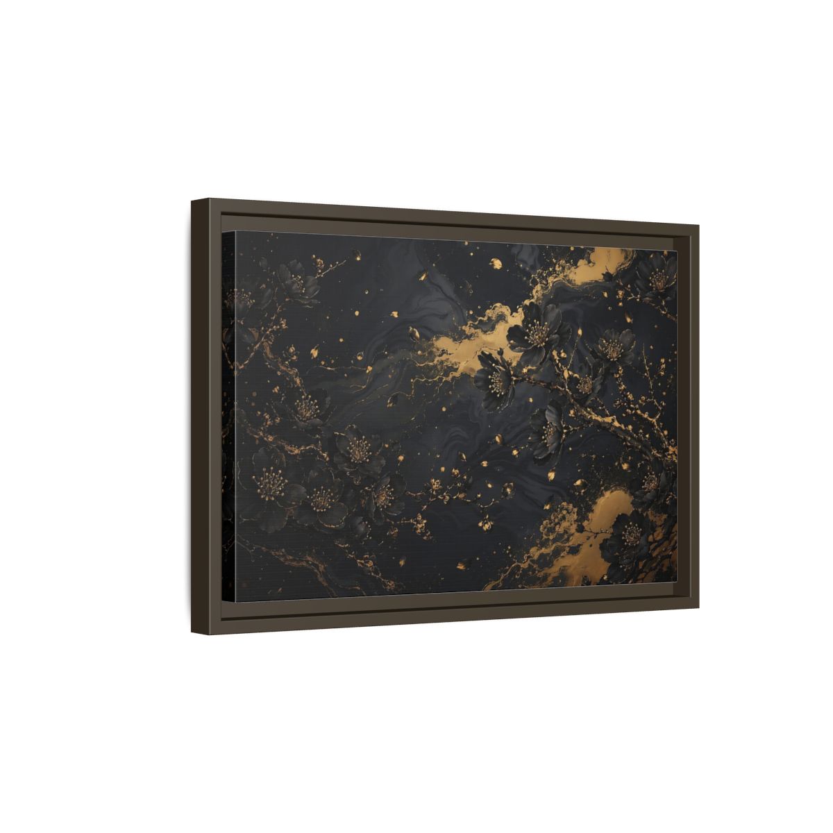 Side Mockup 5. Floral Black Blossoms Black Gold Floral shown as stretched canvas wall art