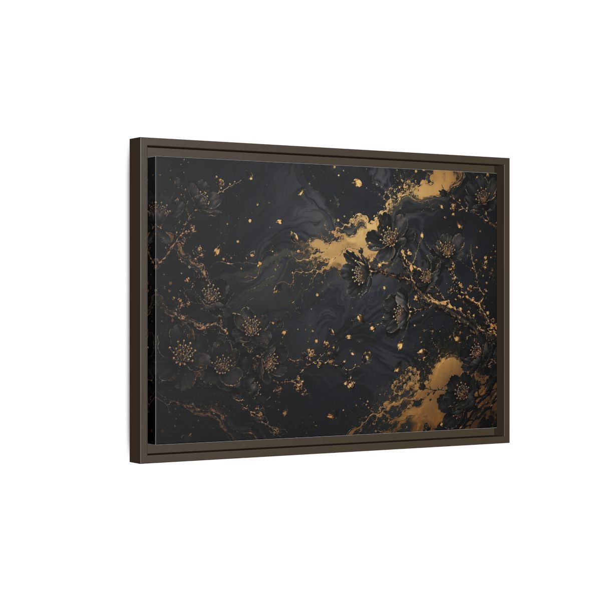 Side Mockup 2. Floral Black Blossoms Black Gold Floral shown as stretched canvas wall art