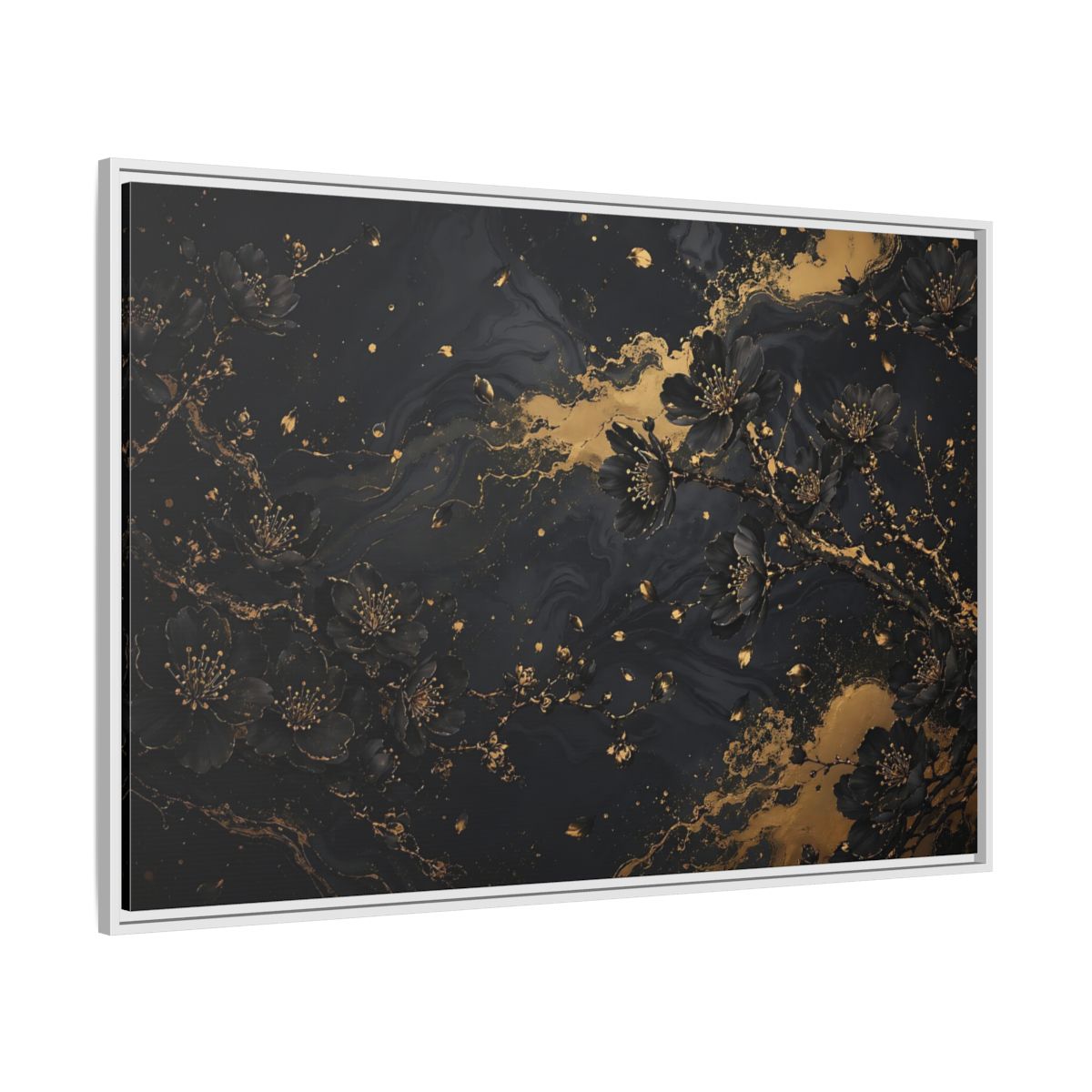 Side Mockup 7. Floral Black Blossoms Black Gold Floral shown as stretched canvas wall art